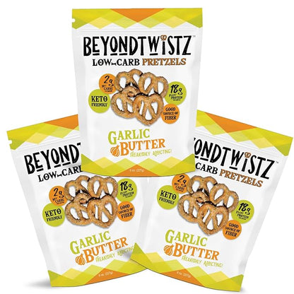 BeyondTwistz Low Carb Pretzels, Garlic Butter, Keto Friendly, 2g Net Carbs, 18g Protein, Powered By HealthSense® High Fiber Wheat Flour, Family Size 8oz Bag, Pack of 3