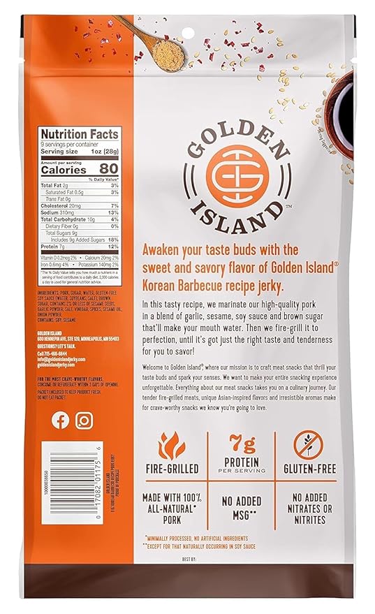 Golden Island Korean BBQ Pork Jerky - (2 Pack) 9 oz Resealable Bag - Fire-Grilled Specialty Meat Snack - Sweet & Savory Protein Snack - 7g Protein per Serving - Made with 100% All-Natural Pork