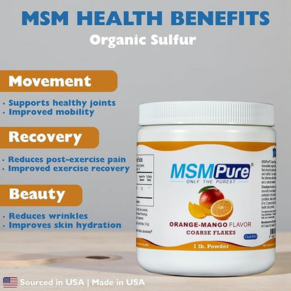 KALA HEALTH MSMPure Orange Mango Flavored Coarse MSM Powder Flakes – US-Made MSM for Joint Health, Skin Appearance, and Hair & Nail Support – 8.8 oz, Organic Sulfur