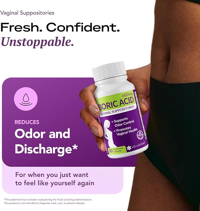 Intimate Rose Boric Acid Vaginal Suppositories, 30 Count for Feminine Deodorizing & Freshness - Vegan Capsules