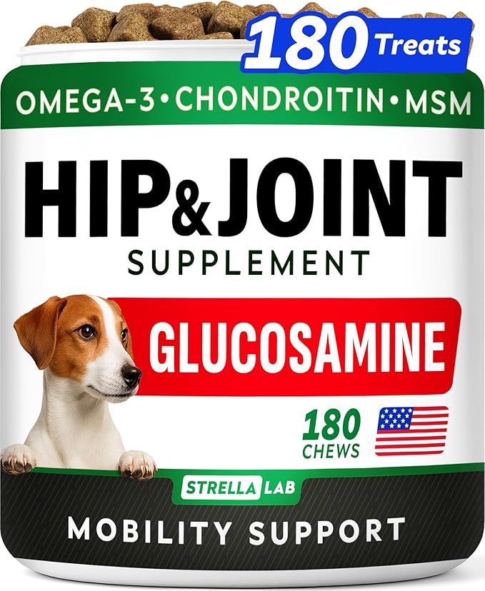 Glucosamine Treats for Dogs - Hip & Joint Supplement w/Omega-3 Fish Oil - Chondroitin, MSM - Advanced Mobility Chews - Joint Pain Relief - Hip & Joint Care - Bacon Flavor - 180 Ct - Made in USA