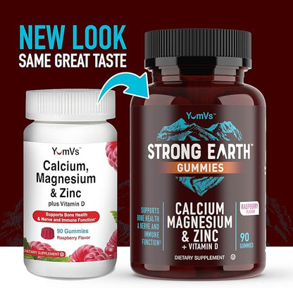 YUM-V'S Calcium, Magnesium, Zinc & Vitamin D Gummies, Cal Mag Chewable Supplement, Vegetarian Kosher Halal Natural Raspberry Flavor Gummies for Adults Women & Men - 90 Count (Pack of 2)