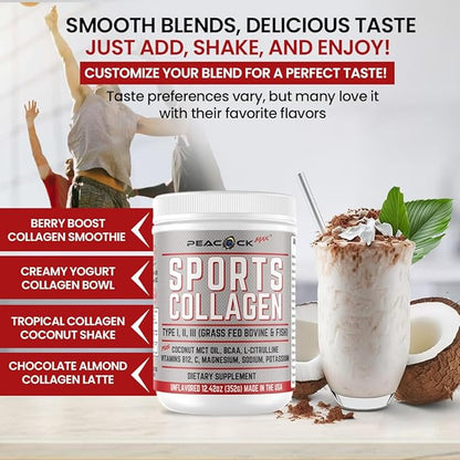 Sports Collagen Electrolytes Powder, 12.42 oz - Grass Fed Bovine & Wild Fish Hydrolyzed Type I, II, III Multi Collagen Peptides for Electrolyte Drinks, Unflavored Protein Powder with BCAA, Magnesium