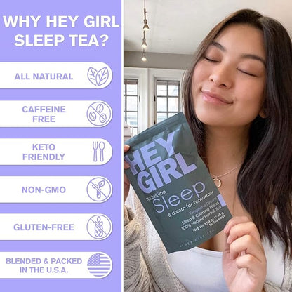 Hey Girl Sleep Tea - Natural Herbal Bedtime Tea Bags with Chamomile, Passion Flower, Valerian Root, Lemon Balm - Calming, Relaxing Adults Sleepy Night Time Tea - Relaxation Gifts for Women 3-packs