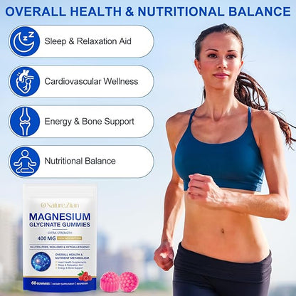 Magnesium Glycinate Gummies 400mg, for Women and Men, Body Support and Relaxation, 60 Gummies