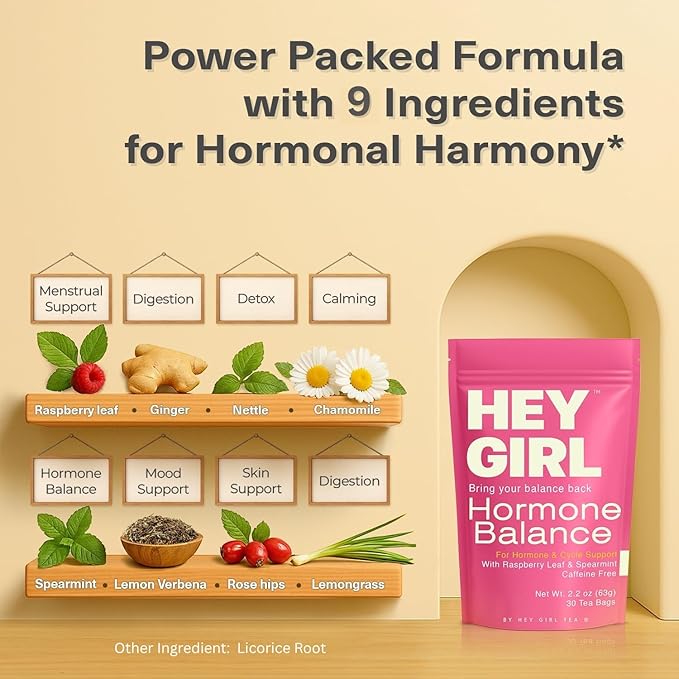 Hormone Balance for Women Tea with Spearmint, Red Raspberry Leaf, Chamomile, Ginger, Nettle - For PMS, PCOS, Perimenopause & Cycle Support - Herbal Hormonal Wellness Tea Bags