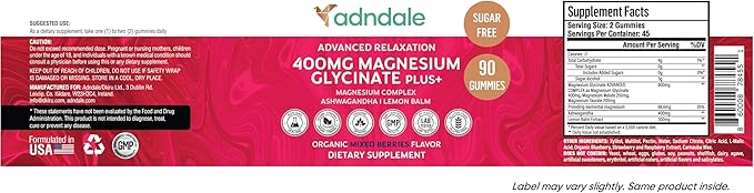 Adndale 90 CT Magnesium Glycinate 400 mg Gummies with Ashwagandha, Magnesium Malate & Taurate, Sugar Free Magnesium Gummies for Adults & Kids.