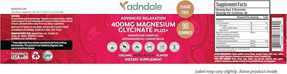 Adndale 180 CT Magnesium Glycinate Gummies 400 mg/Serv with Ashwagandha, Magnesium Malate & Taurate, Sugar Free Chews for Adults & Kids