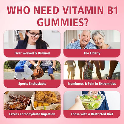 Vitamin B1 Gummies 500mg for Adults & Kids, Thiamine B1 Supplement with Magnesium, Vitamin B1 Supplement for Nervous System Supports & Boost Energy, Raspberry Flavor, 60 Count