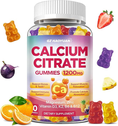 Calcium Citrate Gummies - 1200mg Calcium Gummies Supplements for Women & Men with Vitamin D3, K2, Magnesium, Zinc High Absorption for Bone, Muscle & Immune Support, Fruit Flavor, 60 Count