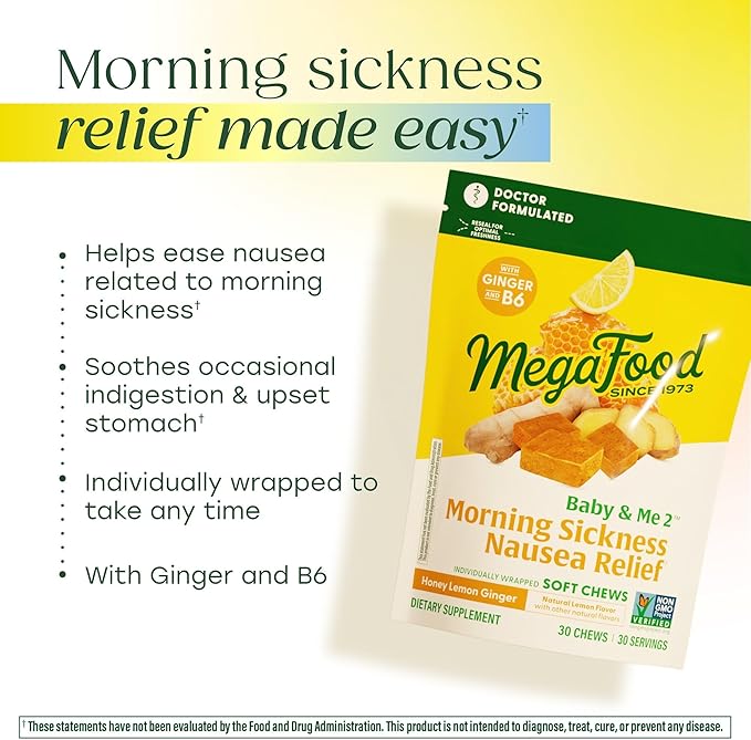 MegaFood Baby & Me Prenatal Morning Sickness Relief, Ginger Chews, with Vitamin B6, Made Without 9 Food Allergens, Honey Lemon Ginger Flavor, 30 Chews