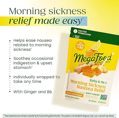 MegaFood Baby & Me Prenatal Morning Sickness Relief, Ginger Chews, with Vitamin B6, Made Without 9 Food Allergens, Honey Lemon Ginger Flavor, 30 Chews