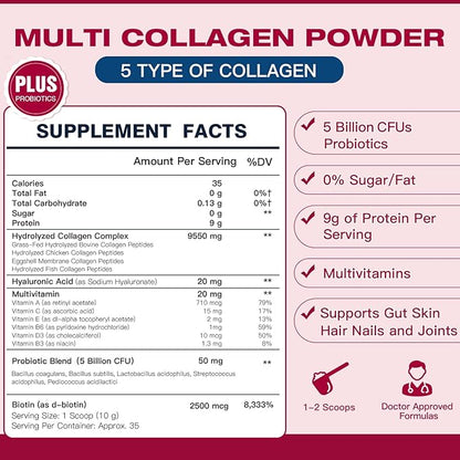 DRFOSTER Multi Collagen Peptides Powder with Probiotics - Type I II III V X Hydrolyzed Collagen Peptides with Multivitamins, Hyaluronic Acid & Biotin - Support Skin Hair Nail Joints & Gut, 35 Servings