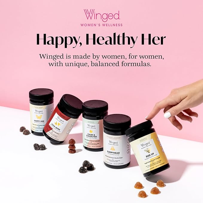 Winged Wellness Happy Her Mood Gummies - Daily Mood Enhancer Support Supplement for Women - Vitamin D with Saffron, Lemon Balm, & Lions Mane Mushrooms for Balance & Calming Relief - 50 Vegan Gummies