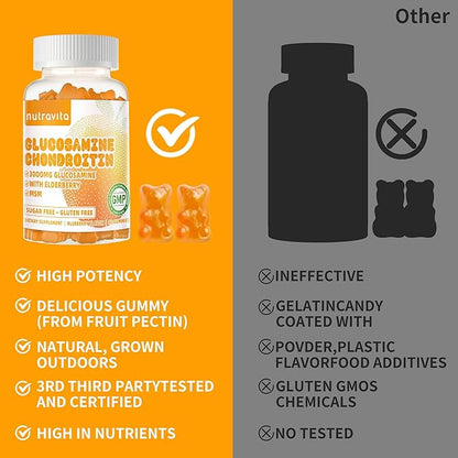 Nutravita Glucosamine Chondroitin Gummies with MSM & Elderberry Extra Strength - Joint Support, Antioxidant Immune Support Supplement for Adults, Men & Women.120 Orange Chews