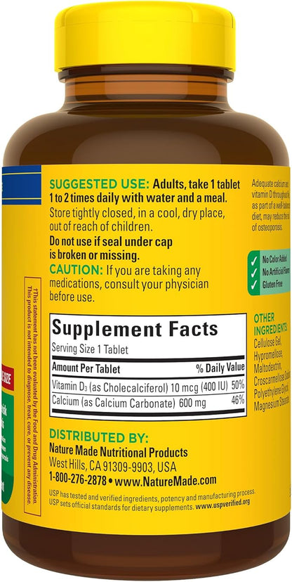 Nature Made Calcium 600 mg with Vitamin D3, Dietary Supplement for Bone Support, 220 Tablets
