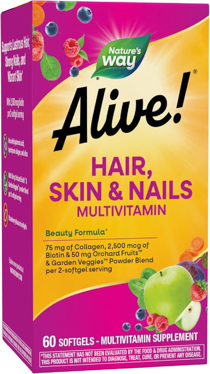 Nature's Way Alive! Hair, Skin & Nails Multivitamin with Biotin and Collagen, 60 Softgels