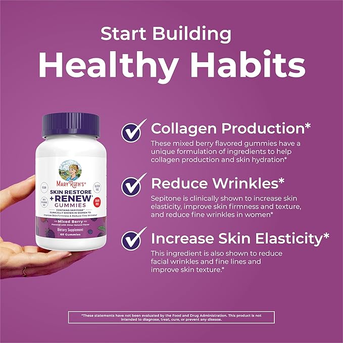 MaryRuth's Skin Restore + Renew Gummies With Hyaluronic Acid | Skin Hydration | Clinically Shown in Women to Reduce Fine Wrinkles & Improve Skin Firmness | Vegan Collagen Production | 60 Gummies