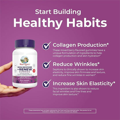MaryRuth's Skin Restore + Renew Gummies With Hyaluronic Acid | Skin Hydration | Clinically Shown in Women to Reduce Fine Wrinkles & Improve Skin Firmness | Vegan Collagen Production | 60 Gummies