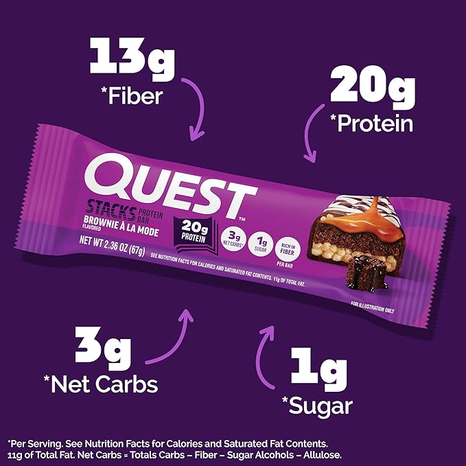 Quest Nutrition Stacks Protein Bars, Brownie a la Mode Flavor, 20g Protein, 3g Net Carbs, 1g Sugar, High Fiber, Low Sugar, Gluten Free, 4 Count