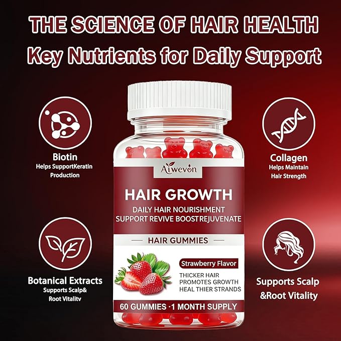 Hair Growth Gummies for Women & Men, Biotin & Silica Hair Vitamins, Daily Hair Nourishment Support for Thicker Looking Hair, Hair Skin and Nails Gummies, Non-GMO, Strawberry Flavor, 60 Gummies
