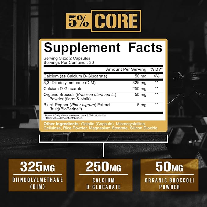 5% Nutrition Core DIM Supplement | Estrogen Regulation Support for Men & Women | Natural Diindolylmethane w/Calcium D-Glucarate, Organic Broccoli Powder + Bioperine (30 Servings / 60 VegCaps)