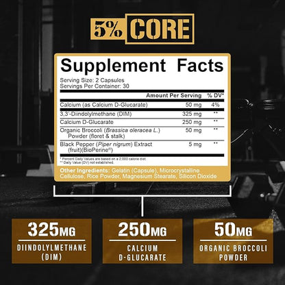 5% Nutrition Core DIM Supplement | Estrogen Regulation Support for Men & Women | Natural Diindolylmethane w/Calcium D-Glucarate, Organic Broccoli Powder + Bioperine (30 Servings / 60 VegCaps)