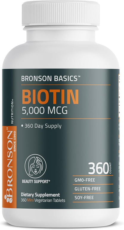 Bronson Biotin 5,000 MCG Supports Healthy Hair, Skin & Nails & Energy Production - High Potency Beauty Support - Non-GMO, 360 Vegetarian Tablets