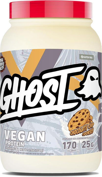 GHOST Vegan V2 Protein Powder, Chocolate Chip Cookies – 2.9LB Tub, 25G of Protein - Plant-Based Pea & Organic Pumpkin Blend Protein with Fiber & Iron - Flavored Post Workout Shakes - Soy, Gluten Free