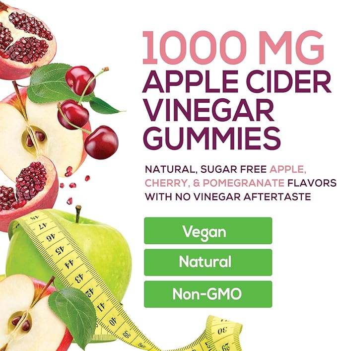Apple Cider Vinegar Gummies 1000mg Per Serving - Sugar Free ACV Gummy Vitamins Supplement with Vitamin B12 for Energy - Keto Friendly Digestion, Detox, Cleanse Support, Vegan, Non-GMO - 120 Gummies