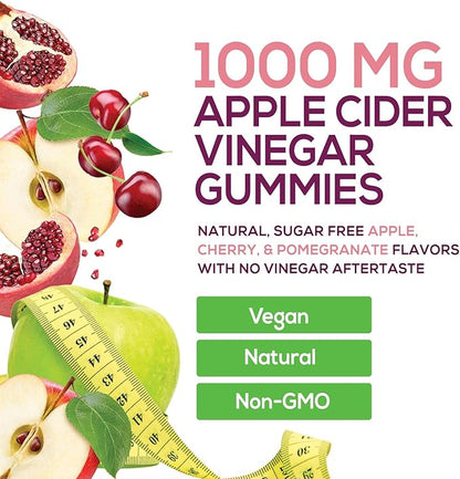 Apple Cider Vinegar Gummies 1000mg Per Serving - Sugar Free ACV Gummy Vitamins Supplement with Vitamin B12 for Energy - Keto Friendly Digestion, Detox, Cleanse Support, Vegan, Non-GMO - 60 Gummies