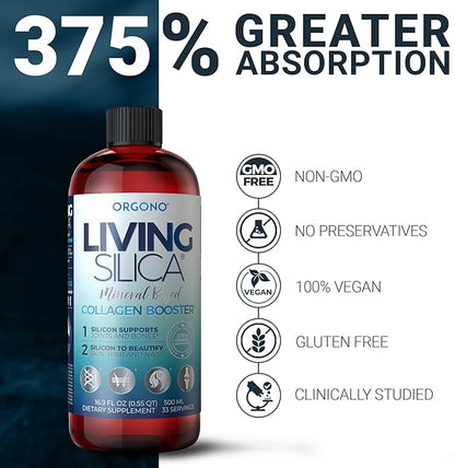 Living Silica ORGONO Collagen Booster | Vegan Mineral-Based Silica Supplement | Supports Healthy Collagen & Elastin Production for Joint & Bone Support, Glowing Skin, Strong Hair & Nails | 16.9 Fl Oz