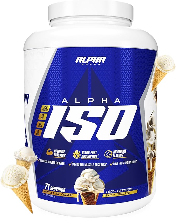 Alpha Supps ISO, Low Carb 100% Whey Protein Isolate Powder, 25 Grams Per Serving, Helps Support Muscle Growth, Low Sugar and Gluten Free (Vanilla Ice Cream, 5 lb)