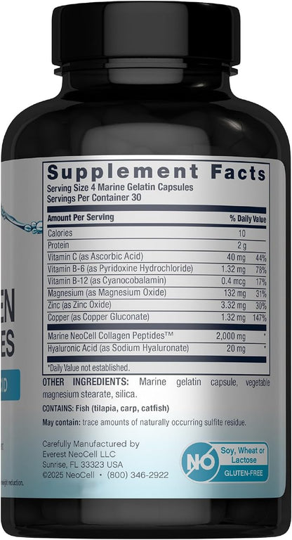 NeoCell Marine Collagen Peptides Capsules | 120 Pills | with Hyaluronic Acid | Plus Vitamin C | for Women and Men