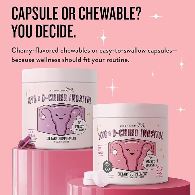 Legendairy Milk Myo Inositol and D Chiro Inositol Supplement for Women, 40:1 Ratio, PCOS Fertility Support, Hormone Balance, Sugar Free Vegan Chewable Tablets, Cherry Flavor, 90 Day Supply, Pack of 3