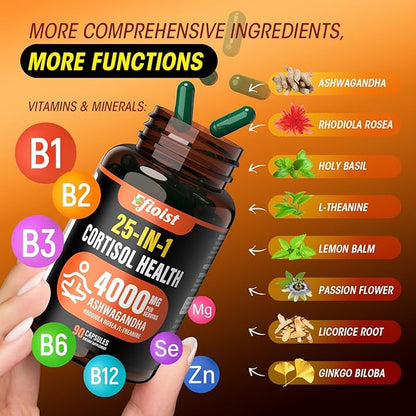 Cortisol Supplement for Women & Men, 25-in-1 Cortisol Reducer, Cortisol Manager with Ashwagandha, Rhodiola Rosea, L-Theanine, for Mood, Relaxation, Focus, Sleep Support, 90 Capsules for 1.5 Months