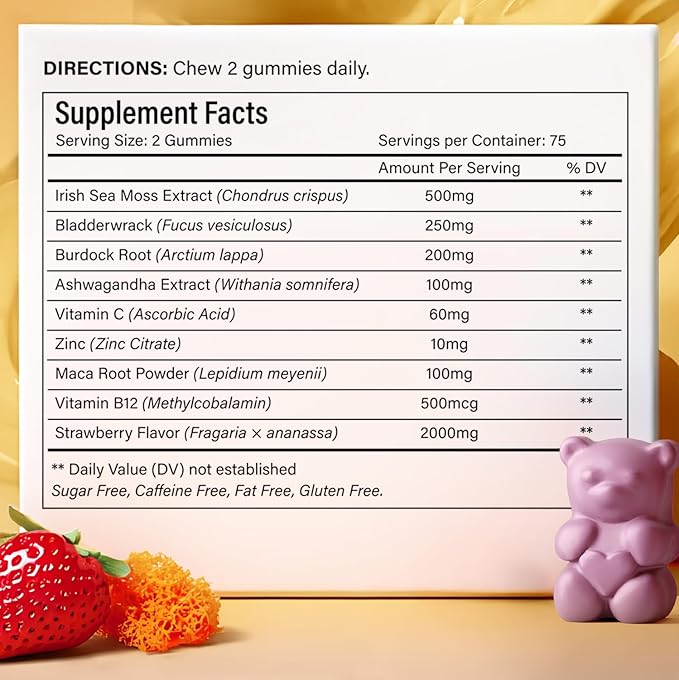 150 Sea Moss Gummies | 9-in-1 Formulation with Irish Sea Moss, Ashwagandha, Burdock, Elderberry, Bladderwrack, Maca, Zinc, B12 | Energy & Immune Support | Strawberry Flavor Vegan Gummies