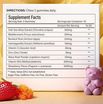 150 Sea Moss Gummies | 9-in-1 Formulation with Irish Sea Moss, Ashwagandha, Burdock, Elderberry, Bladderwrack, Maca, Zinc, B12 | Energy & Immune Support | Strawberry Flavor Vegan Gummies