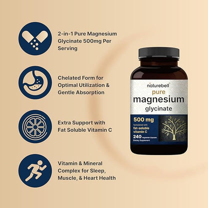 Pure Magnesium Glycinate 500mg with Fat Soluble Vitamin C, 480 Veggie Capsules (2 Pack) – 100% Chelated & Purified – 3rd Party Tested, Filler Free, Vegan Friendly, Non-GMO
