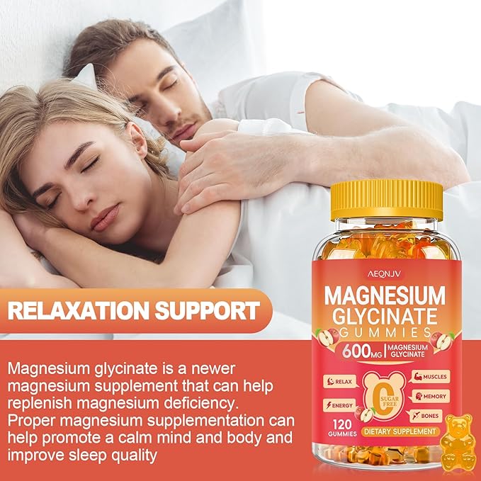 Magnesium Glycinate Gummies 600MG, Chewable Sugar Free Magnesium Citrate for Men & Women, Vitamin B6, D3, Magnesium Supplements for Sleep, Body Support and Relaxation, 60 Day Supply