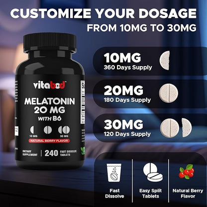 Melatonin 20 mg - 240 Fast Dissolve Tablets - Drug Free - Natural Berry Flavor - Vegetarian, Non-GMO, Gluten Free 240 Count (Pack of 3)