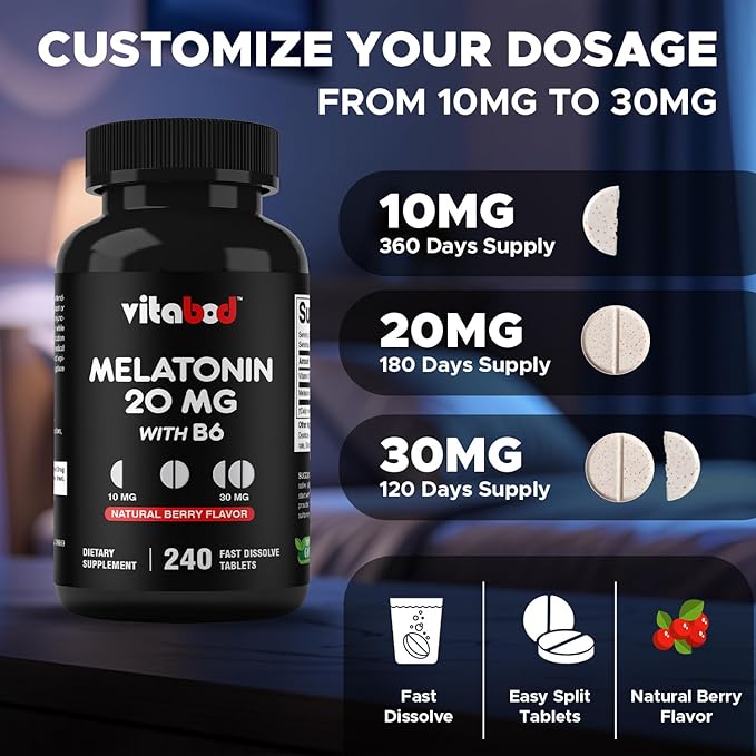 Melatonin 20 mg - 240 Fast Dissolve Tablets - Drug Free - Natural Berry Flavor - Vegetarian, Non-GMO, Gluten Free 240 Count (Pack of 1) (240 Count (Pack of 1))