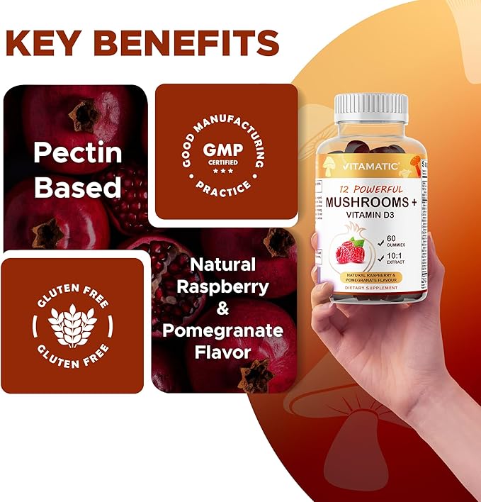 Vitamatic Mushroom Complex Gummies with D3 – Plant-Based Botanical Extract – Pectin-Based, Non-GMO – Herbal Supplement Gummies – 60 Count - 2 Pack (120 Count)