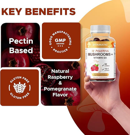 Vitamatic Mushroom Complex Gummies with D3 – Plant-Based Botanical Extract – Pectin-Based, Non-GMO – Herbal Supplement Gummies – 60 Count - 2 Pack (120 Count)