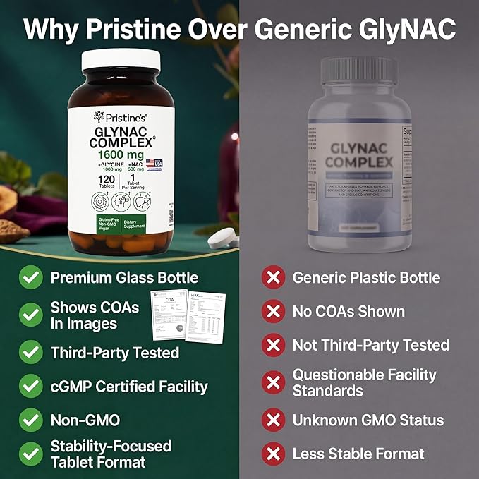 PRISTINE'S Supplement GlyNAC Complex Large Size Tablet 1600MG Glutathione Production - 3rd Party Tested Anti Aging, Sleep & Cognitive Support - Glycine & NAC Gluten Free Non GMO USA Made Glass Bottle