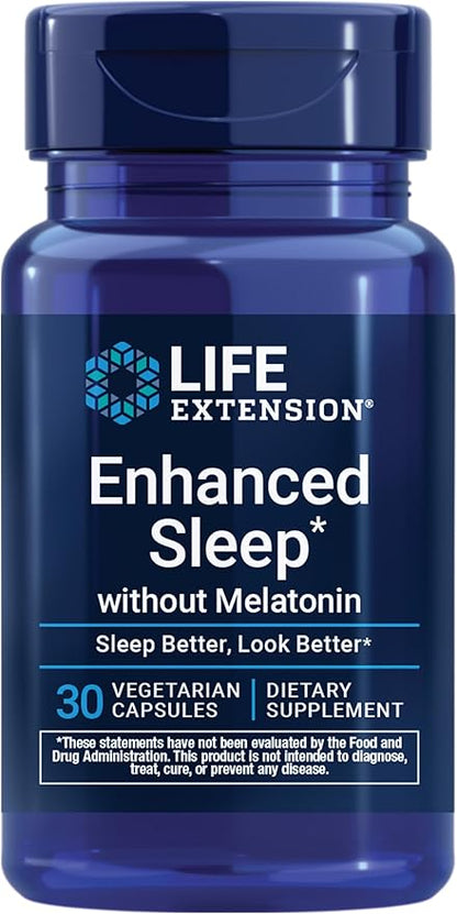 Life Extension Enhanced Sleep Without Melatonin, ashwagandha, amla, Casein Milk peptides, melatonin-Free Supplement for Sleep & Stress Support, Gluten-Free, Non-GMO, Vegetarian, 30 Capsules