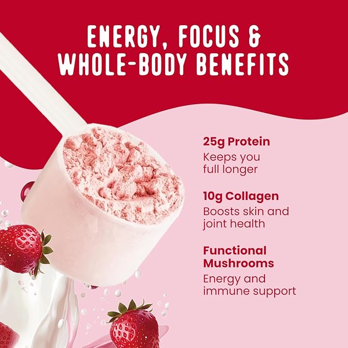 FlavCity All in One Protein Shake Powder, Berries and Cream - On the Go Meal Alternative + Collagen Peptides, Reishi & Cordyceps - Focus, Skin, Hair & Joint Support - 100% Grass Fed Whey, 20 Servings