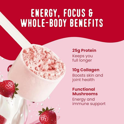 FlavCity All in One Protein Shake Powder, Berries and Cream - On the Go Meal Alternative + Collagen Peptides, Reishi & Cordyceps - Focus, Skin, Hair & Joint Support - 100% Grass Fed Whey, 20 Servings