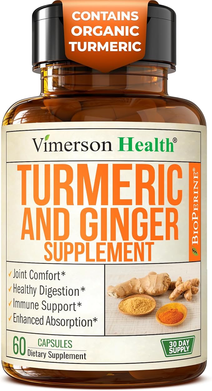 Turmeric Curcumin Supplement with Ginger Root for Joint Support, Digestive & Gut Health - Contains Organic Turmeric Curcumin with Black Pepper (Bioperine) for Enhanced Absorption - 60 Capsules