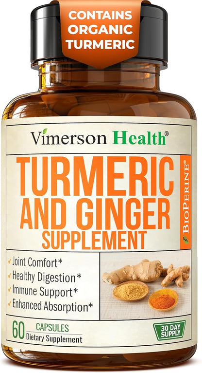 Turmeric Curcumin Supplement with Ginger Root for Joint Support, Digestive & Gut Health - Contains Organic Turmeric Curcumin with Black Pepper (Bioperine) for Enhanced Absorption - 60 Capsules